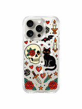 Skull and black cat with dice, hearts and roses artwork on an iPhone 15 Pro case