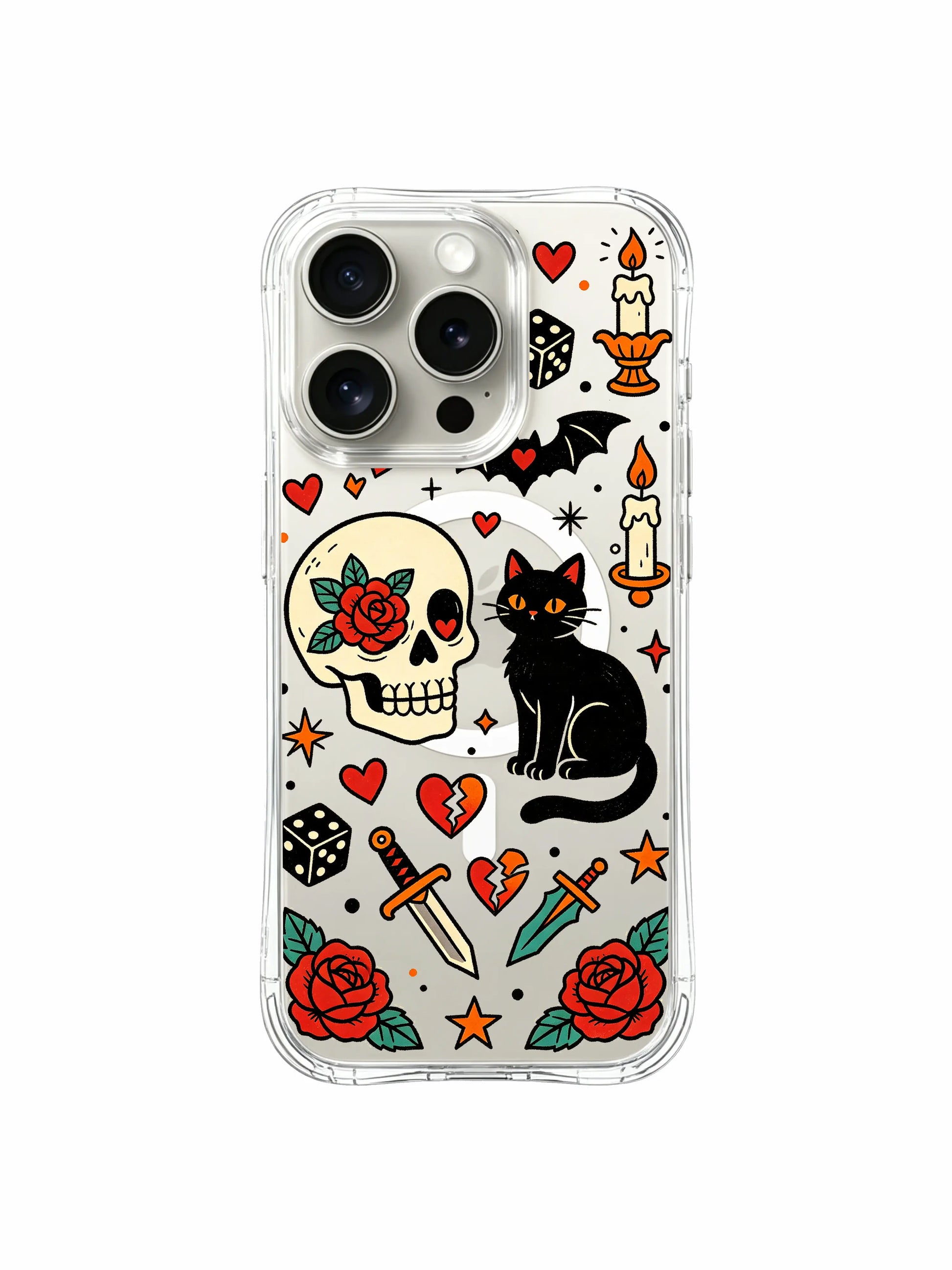 PhoneCasing iPhone 15 pro Case with side broken heart accents, paired red&green dice clusters, rose wrapped skull and sitting black cat, collectible old school tattoo iPhone 15 pro casing.