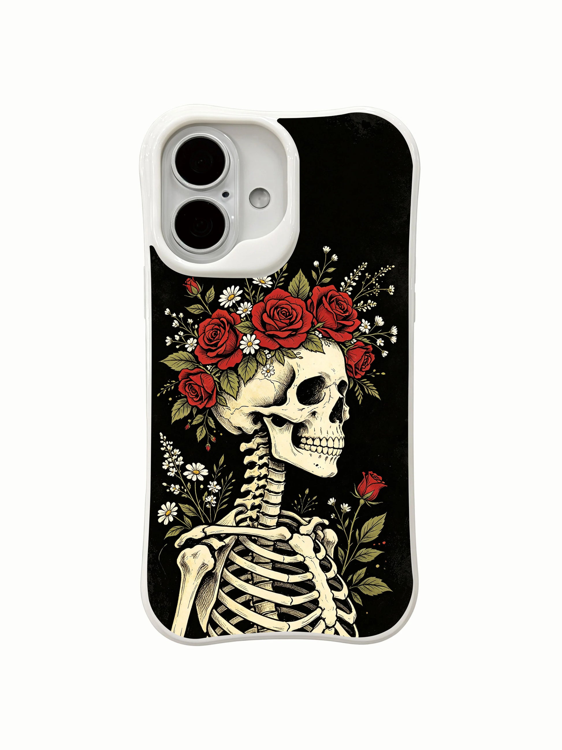 PhoneCasing side profile Night Crown skeleton floral iPhone 16 Case, textured black vintage wash flower crown design, scratch resistant fade-free premium iPhone 16 casing