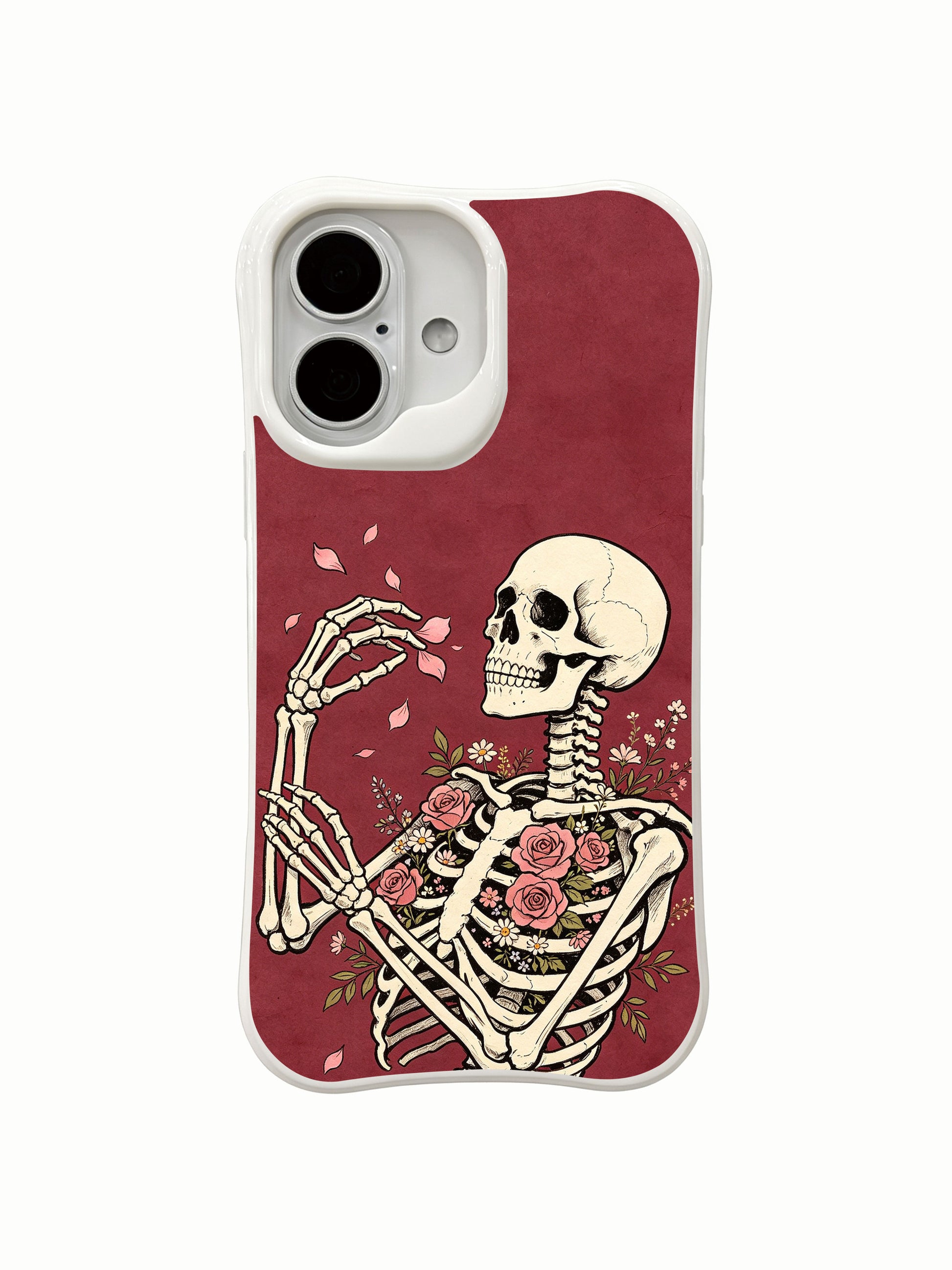 PhoneCasing side profile Petal Letter skeleton floral iPhone 16 Case, textured burgundy vintage wash pink petal design, scratch resistant fade-free premium iPhone 16 casing