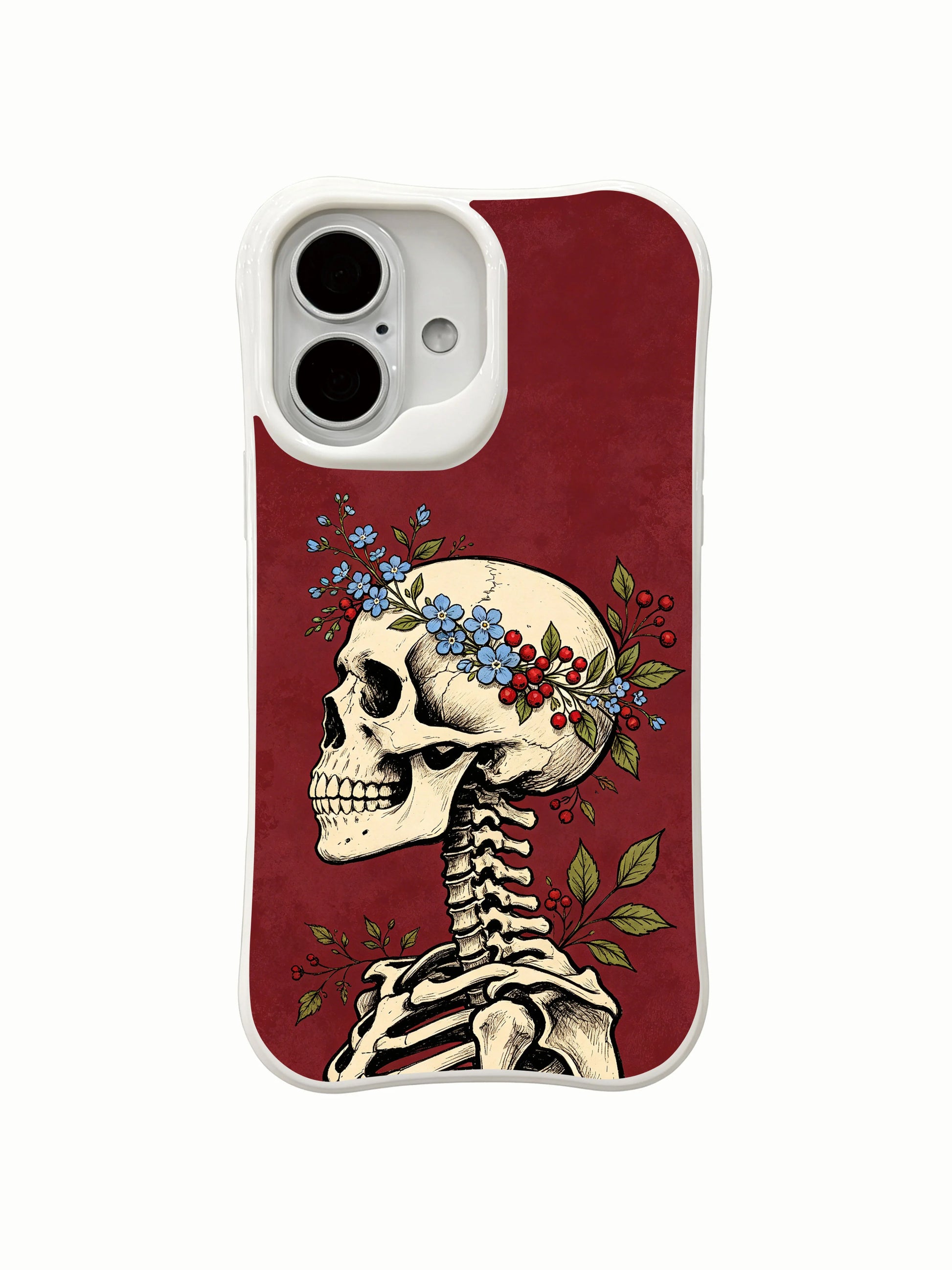 PhoneCasing side profile skull forget-me-not wreath iPhone 16 Case, textured burgundy vintage wash design, scratch resistant fade-free premium iPhone 16 casing