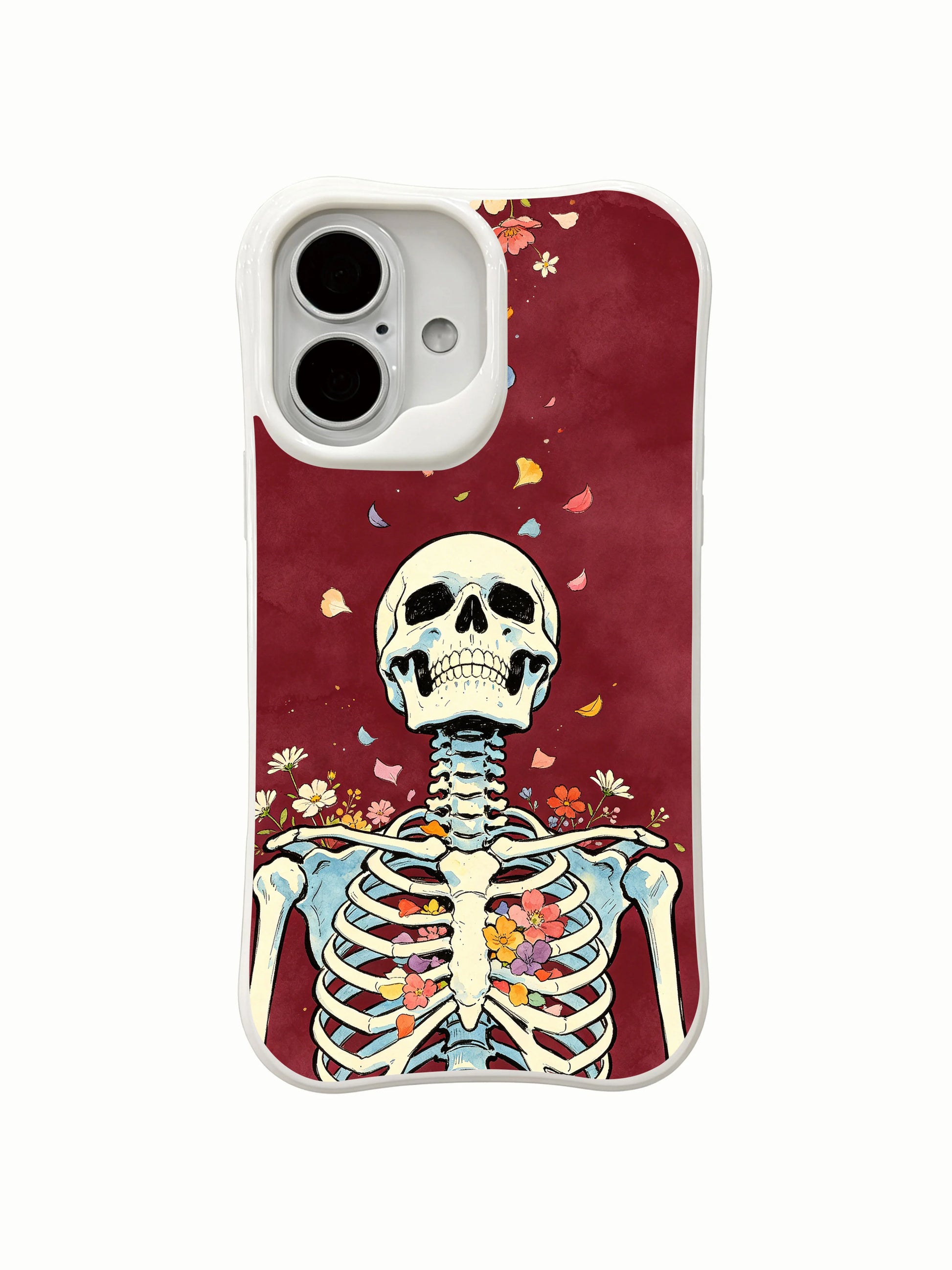PhoneCasing side profile skull drifting petal iPhone 16 Case, textured burgundy watercolor vintage wash design, scratch resistant fade-free premium iPhone 16 casing