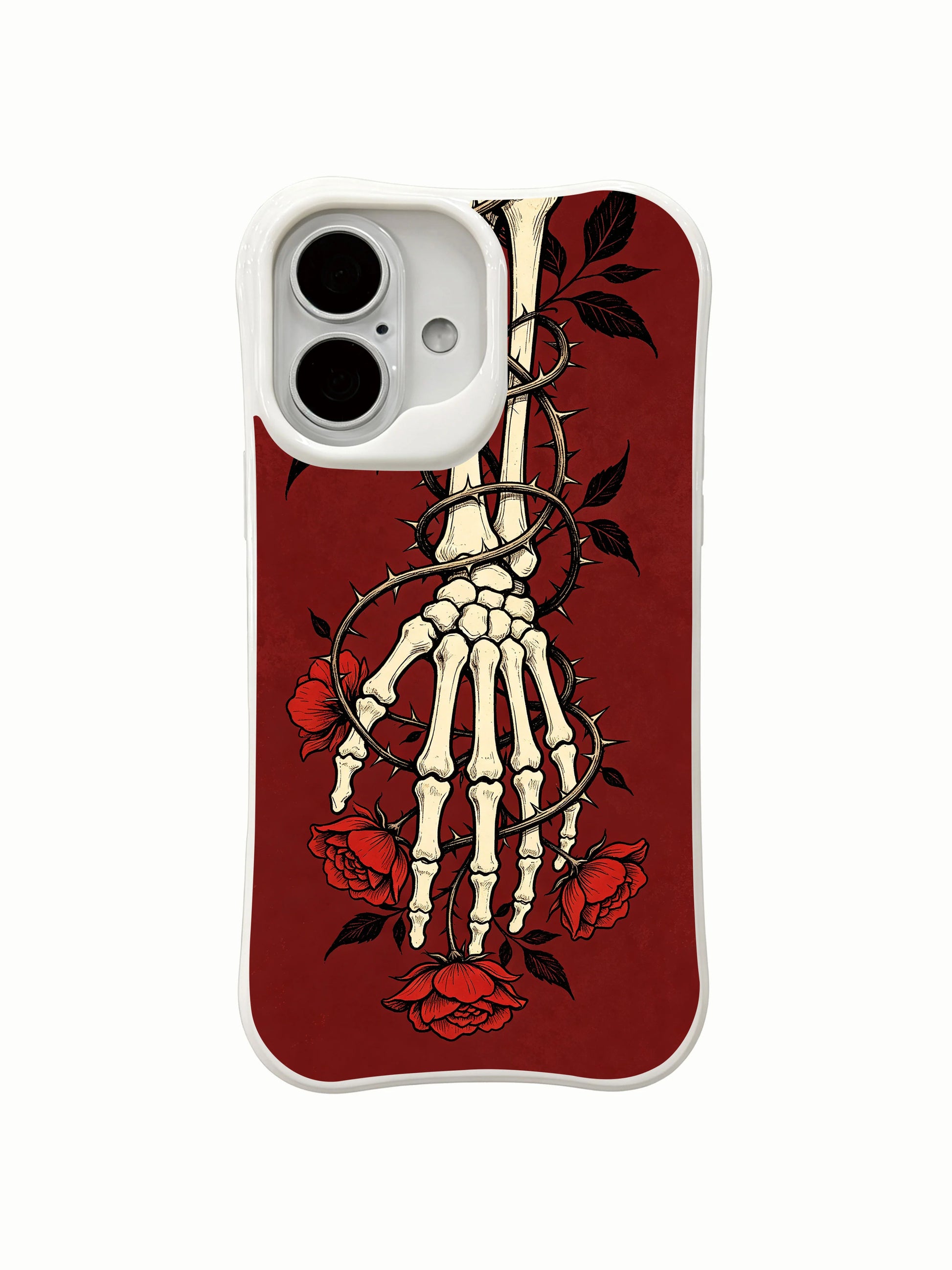 PhoneCasing side profile Thorn Path skeleton floral iPhone 16 Case, textured burgundy vintage wash thorn vine design, scratch resistant fade-free premium iPhone 16 casing