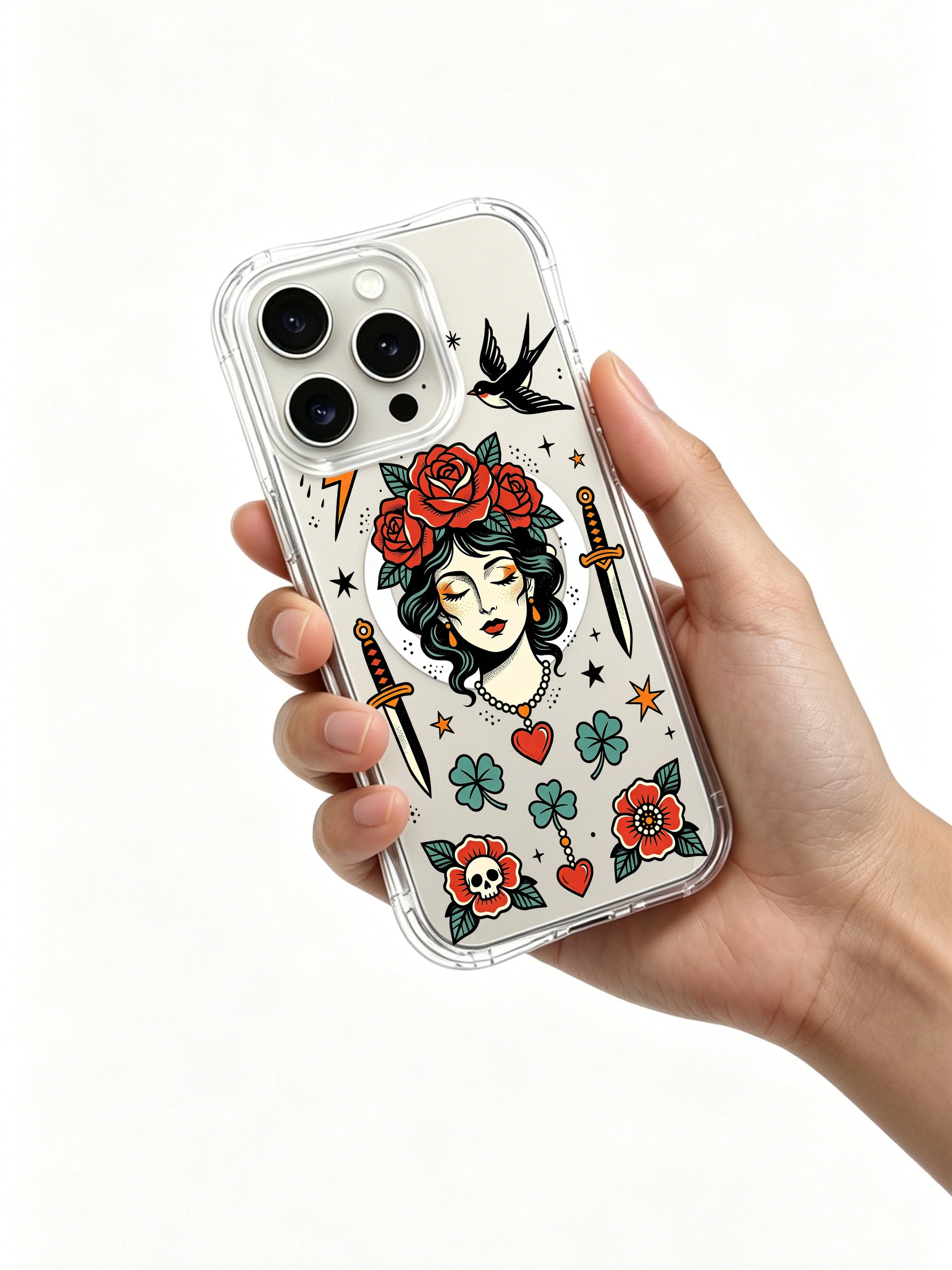 PhoneCasing iPhone 15 pro Case decorated with isolated side vintage dagger, complete bottom heart-skull arrangement and centered calm storm maiden decor, lightweight drop-resistant clear iPhone 15 pro casing.