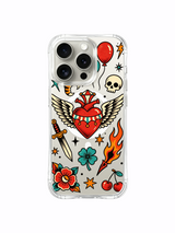 PhoneCasing iPhone 15 pro Case with offset skull balloon, single fire accent and unrestrained circus heart paired with classic oldschool tattoo decor, collectible vintage art iPhone 15 pro casing.