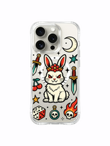 PhoneCasing iPhone 15 pro Case with offset skull charm, single four-leaf clover and unrestrained anti-luck bunny paired with classic oldschool tattoo decor, collectible vintage art iPhone 15 pro casing.