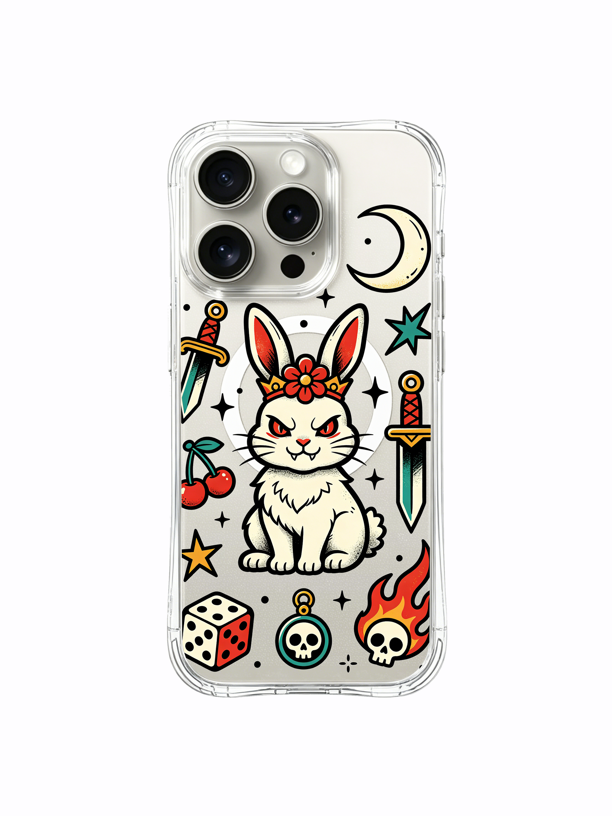 PhoneCasing iPhone 15 pro Case with offset skull charm, single four-leaf clover and unrestrained anti-luck bunny paired with classic oldschool tattoo decor, collectible vintage art iPhone 15 pro casing.