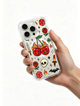 PhoneCasing iPhone 15 pro Case decorated with offset side skull, one goth bat, complete surrounding rose border and flame club cherries, lightweight shock-absorbent clear iPhone 15 pro casing.