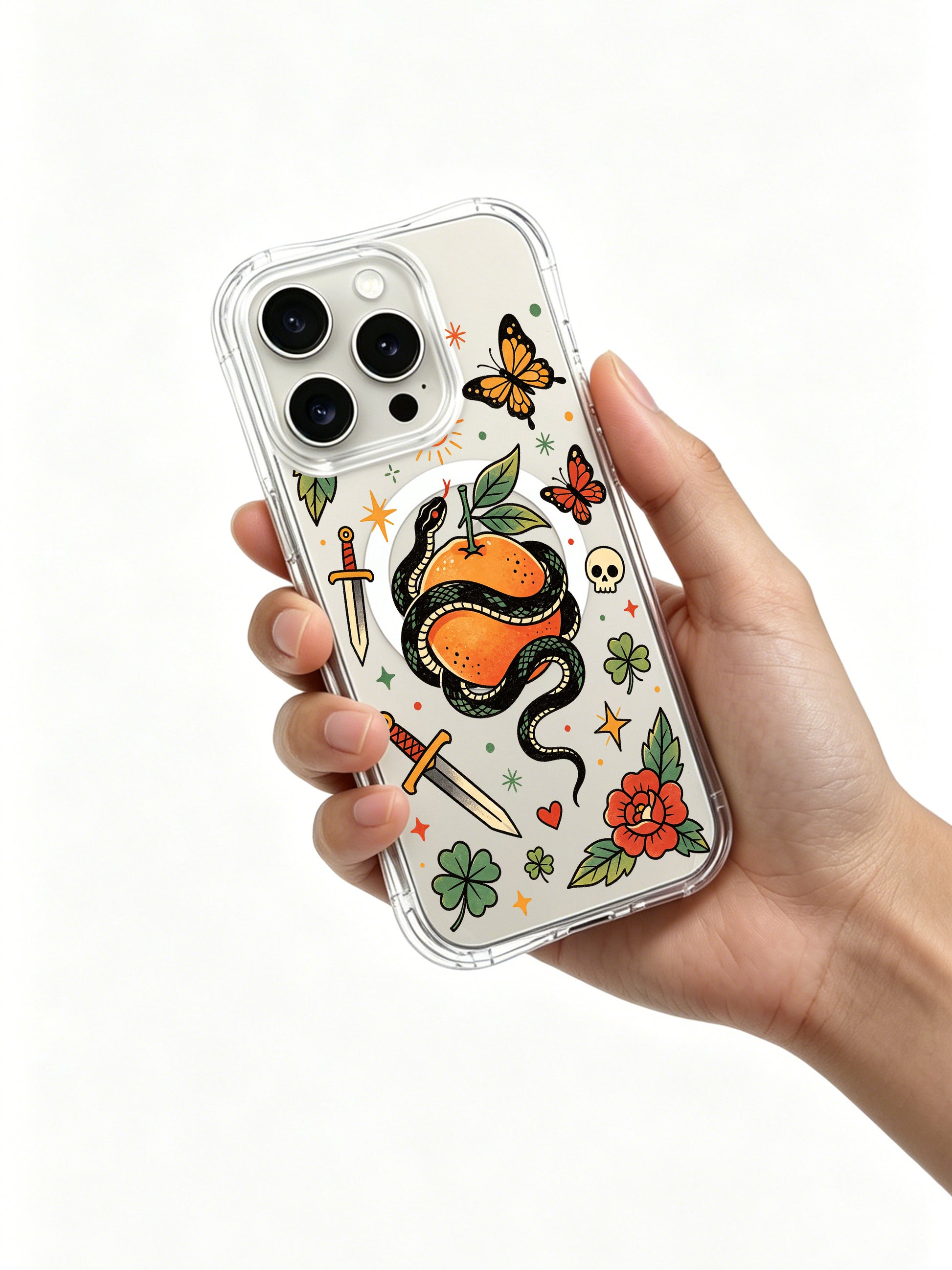 PhoneCasing iPhone 15 pro Case decorated with offset side skull, one tropical butterfly, full surrounding flower border and forbidden fruit snake, lightweight shock-absorbent clear iPhone 15 pro casing.