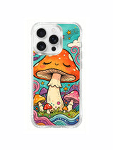 Spiral plant ornaments around sleeping mushrooms artwork on an iPhone 16 Pro Max case