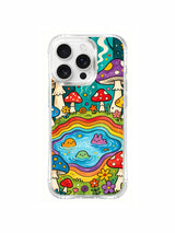 Spiral vines around pond creatures and mushrooms artwork on an iPhone 16 Pro Max case