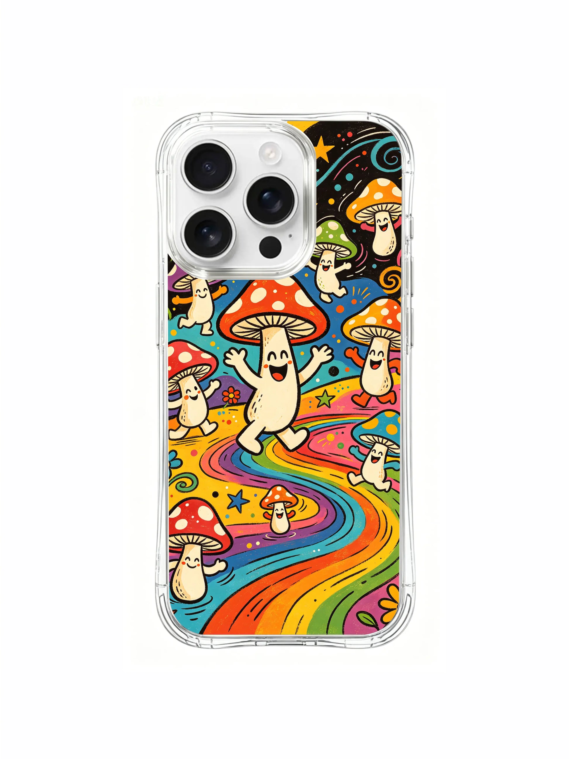 PhoneCasing iPhone 16 pro max Case, detailed fine art casing with curling spiral plant vines decorating artwork perimeter around merry dancing mushroom squad, bespoke gallery-grade licensed art casing