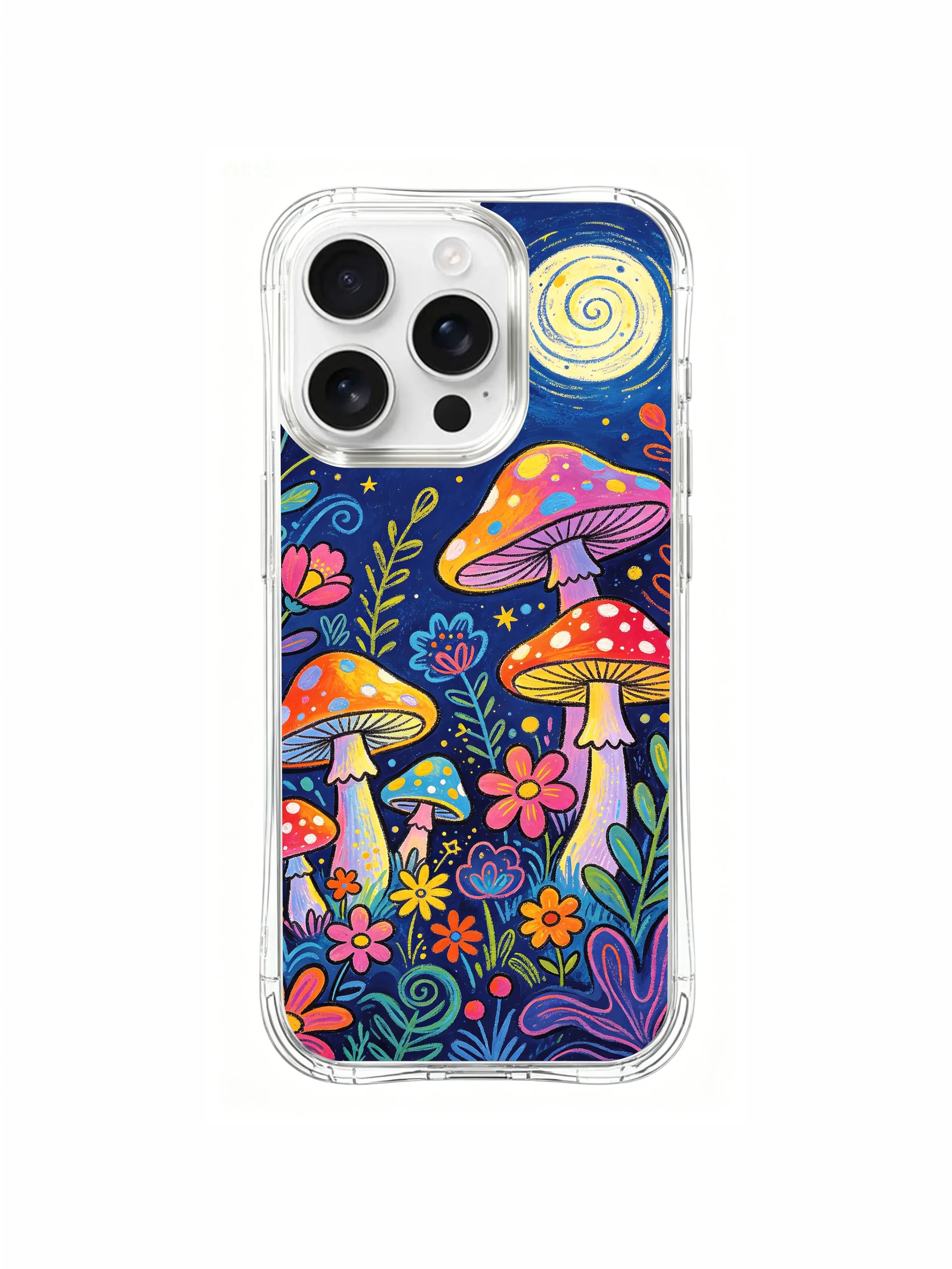 PhoneCasing iPhone 16 pro max Case, detailed fine art casing with curling spiral plant tendrils decorating artwork perimeter around luminous spotted mushroom squad, bespoke gallery-grade licensed art casing
