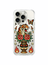 PhoneCasing iPhone 15 pro Case with twisted green side ornaments, paired daggers, bottom all-seeing eye and dual flaming skulls, collectible old school tattoo iPhone 15 pro casing.