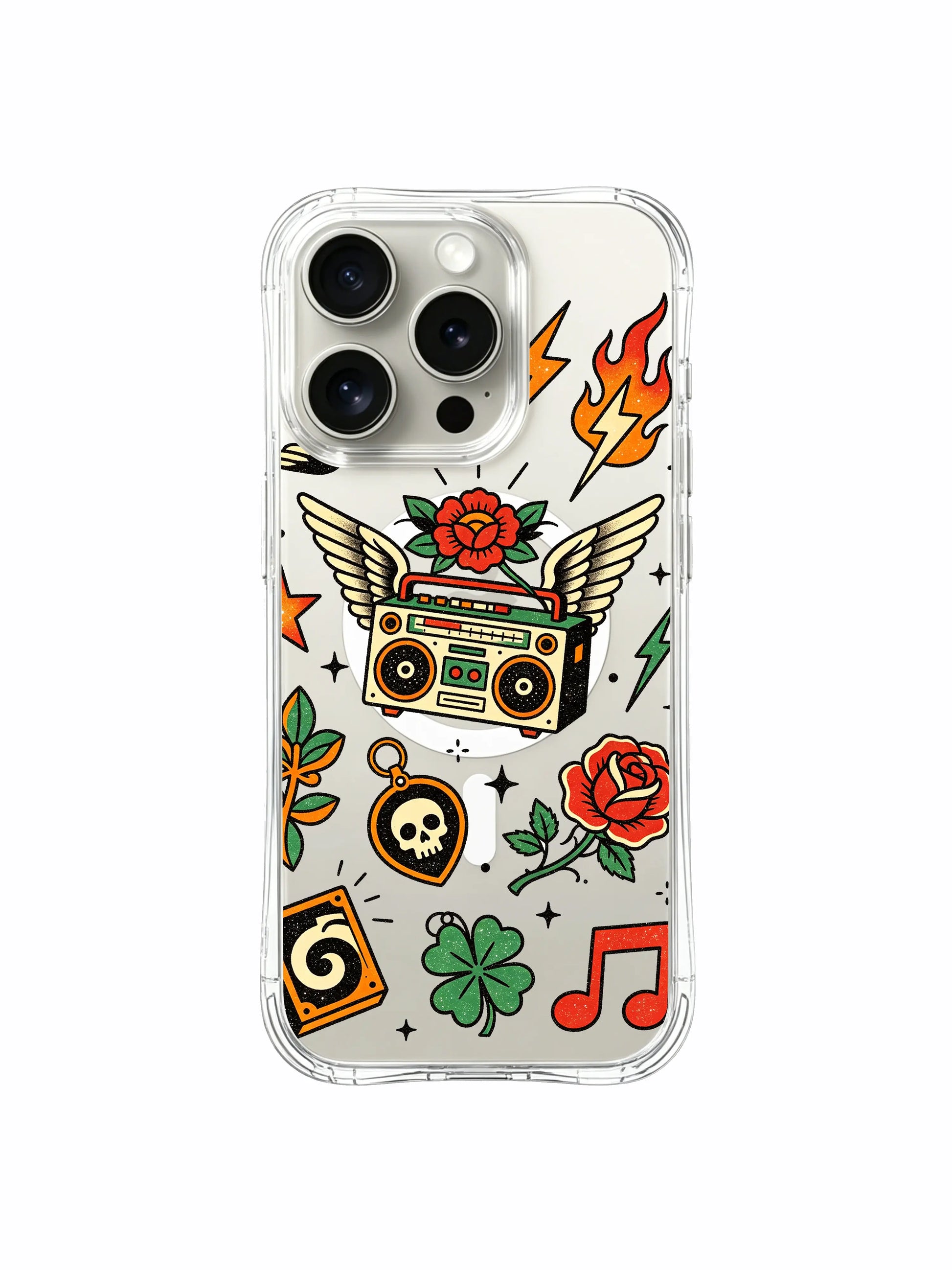 PhoneCasing iPhone 15 pro Case with twisted decorative side accents, paired flame symbols, clover & rose clusters surrounding winged vintage radio, collectible old school occult tattoo iPhone 15 pro casing.