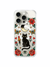 Moon cat with ornate sides, lipstick daggers and eye artwork on an iPhone 15 Pro case