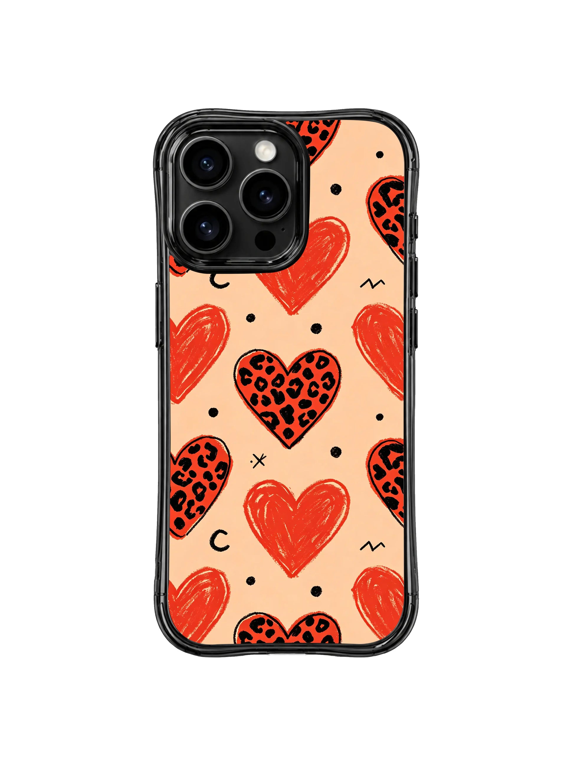 Full front view of PhoneCasing signature Wild Heart Safari peach love iPhone 14 Pro Case, iconic sincere heart leopard design crafted with premium California printing standards