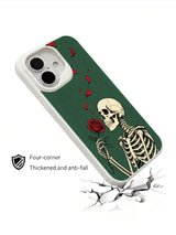 PhoneCasing Silent Love Remnant goth iPhone 16 Case, dark academia skeleton illustration with falling rose petals, four-corner anti-drop reinforced iPhone 16 casing made in USA