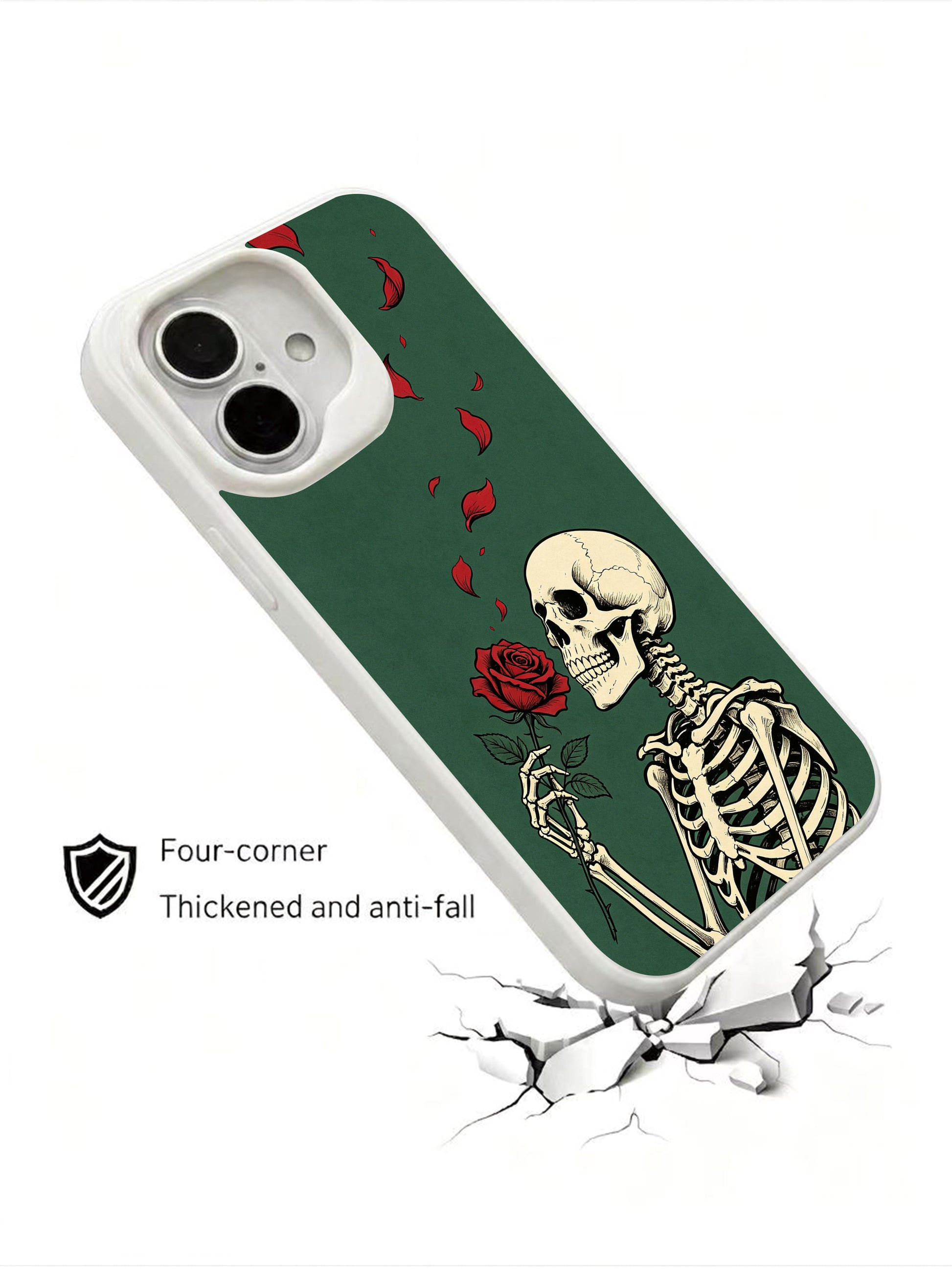 PhoneCasing Silent Love Remnant goth iPhone 16 Case, dark academia skeleton illustration with falling rose petals, four-corner anti-drop reinforced iPhone 16 casing made in USA