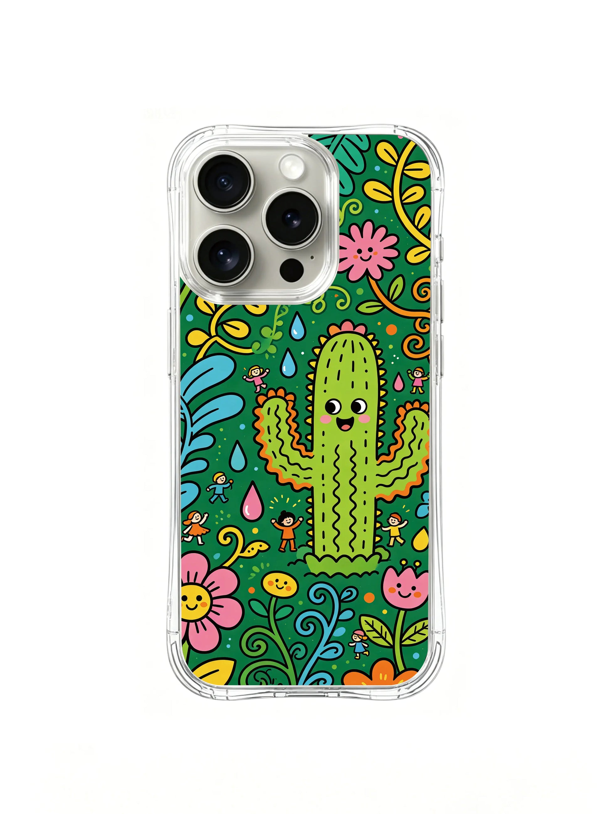 PhoneCasing iPhone 16 Pro Case with bright garden landscape illustration, part of Milo Yun’s Happy Little Worlds collection, premium art casing.