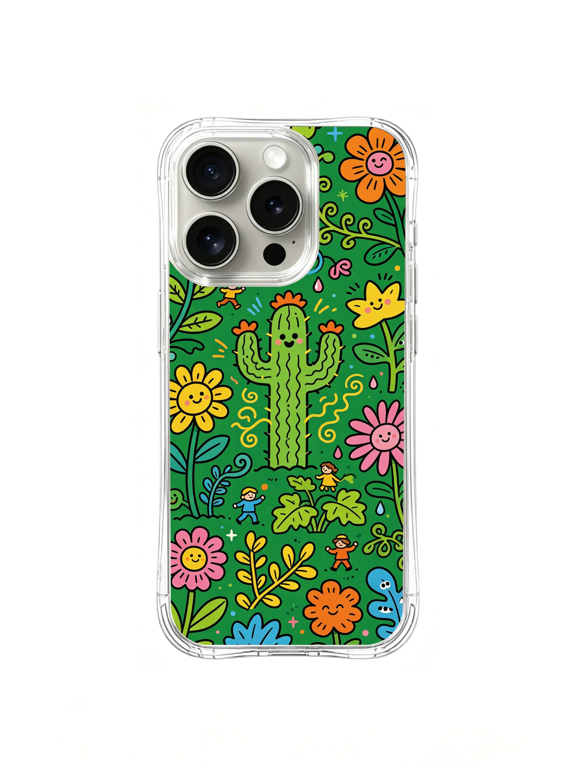 PhoneCasing iPhone 16 Pro Case with lively plant garden scene, exclusive Milo Yun design, premium wearable art casing.