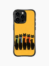 PhoneCasing iPhone 16 Pro Max with Silly Serious Cat Squad print, black cats with straight faces but goofy charm in bright scarves.