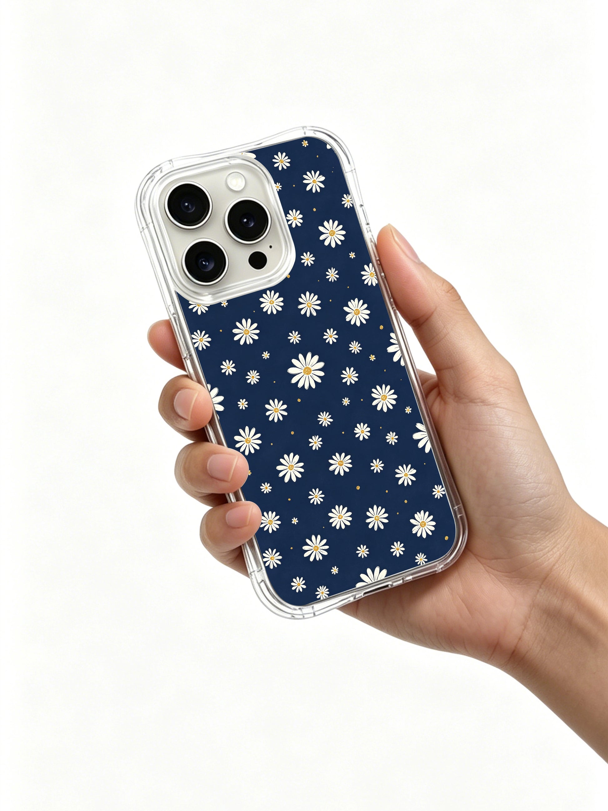 PhoneCasing iPhone 16 Pro Max Case with Simple Beauty Daisies art, scattered blooms on deep indigo that celebrate quiet, unassuming charm.