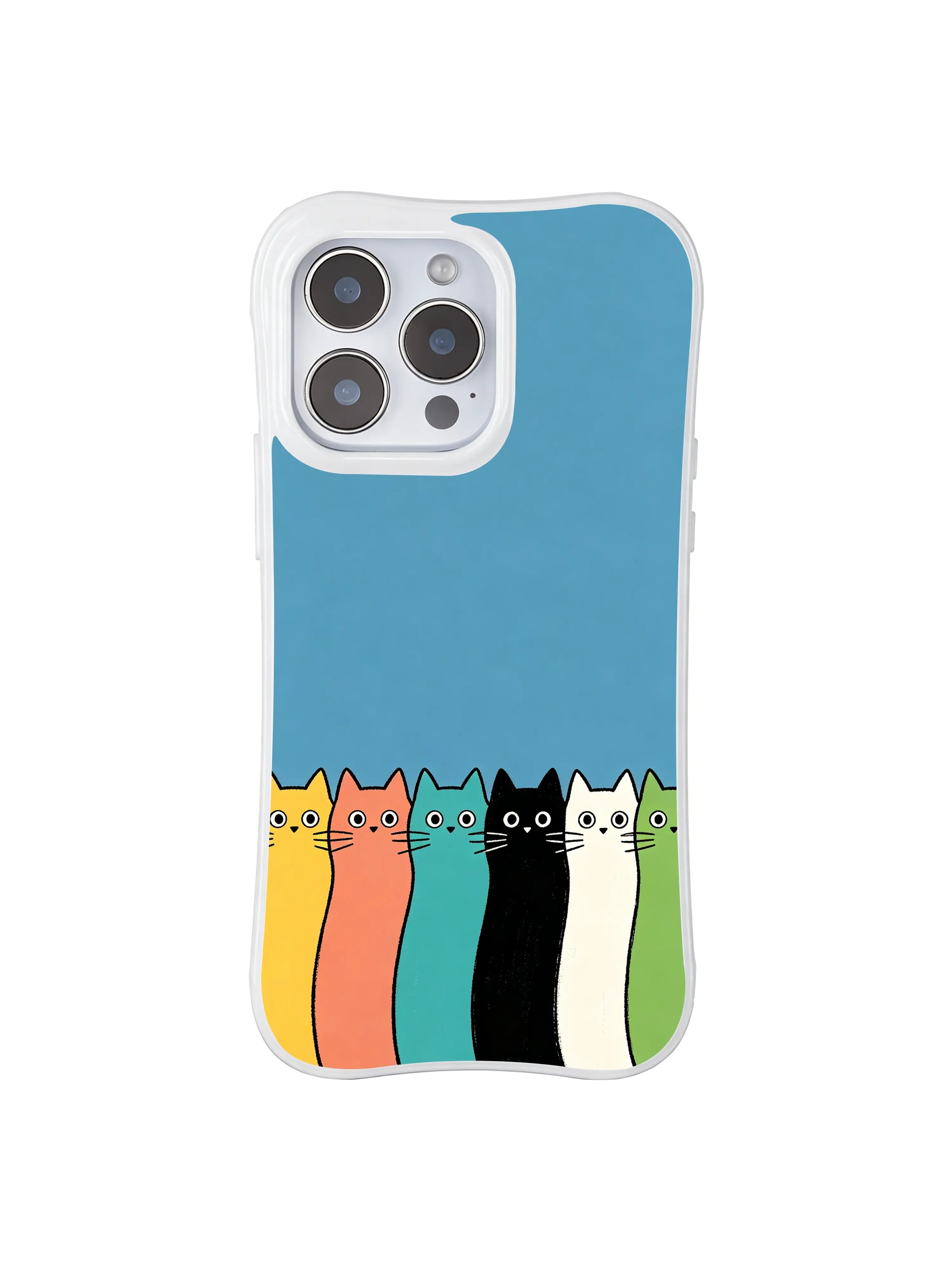 PhoneCasing iPhone 16 Pro Max with Simple Orderly Cats print, colorful felines in a gentle queue against a clean blue wall.