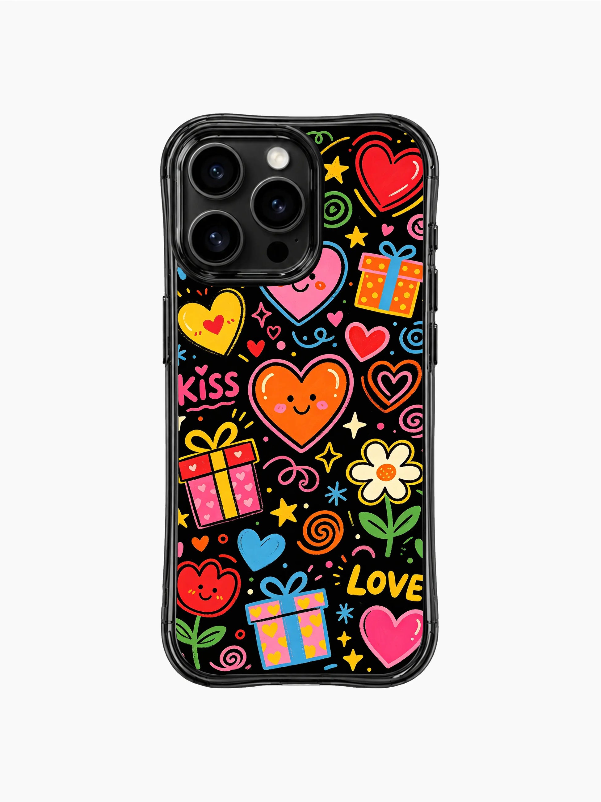 PhoneCasing iPhone 13 Pro Max casing plain deep black background that makes rainbow valentine doodle hues pop vividly, balanced cheerful holiday everyday statement phone cover.
