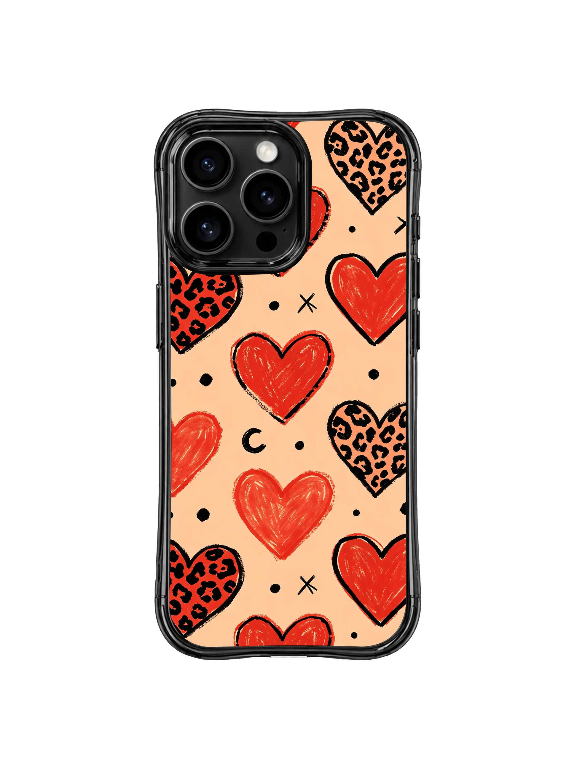 Sincere unpolished love motif iPhone 14 Pro Case by PhoneCasing, warm peach neutral base paired with textured hand drawn red hearts and spotted leopard hearts