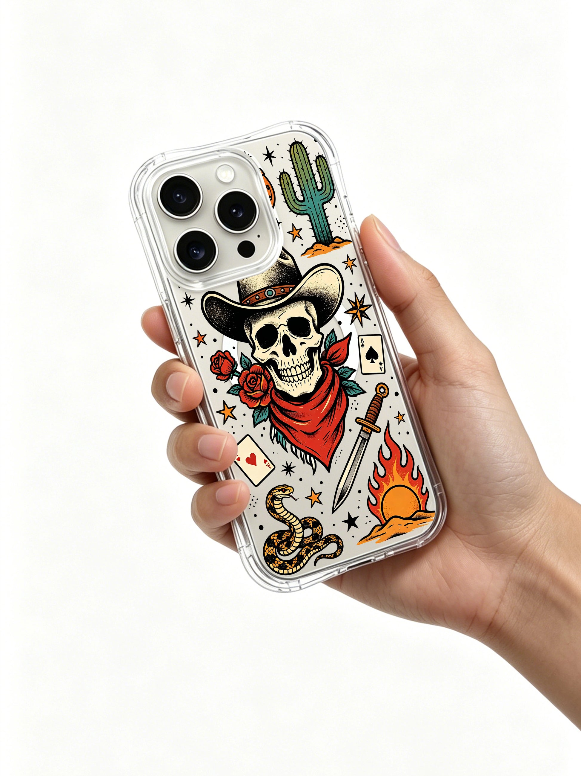 PhoneCasing iPhone 15 pro Case with single hilt dagger, two playing aces, green cactus and fiery desert graphic, high-end anti-drop clear iPhone 15 pro casing ideal for birthday gifting.