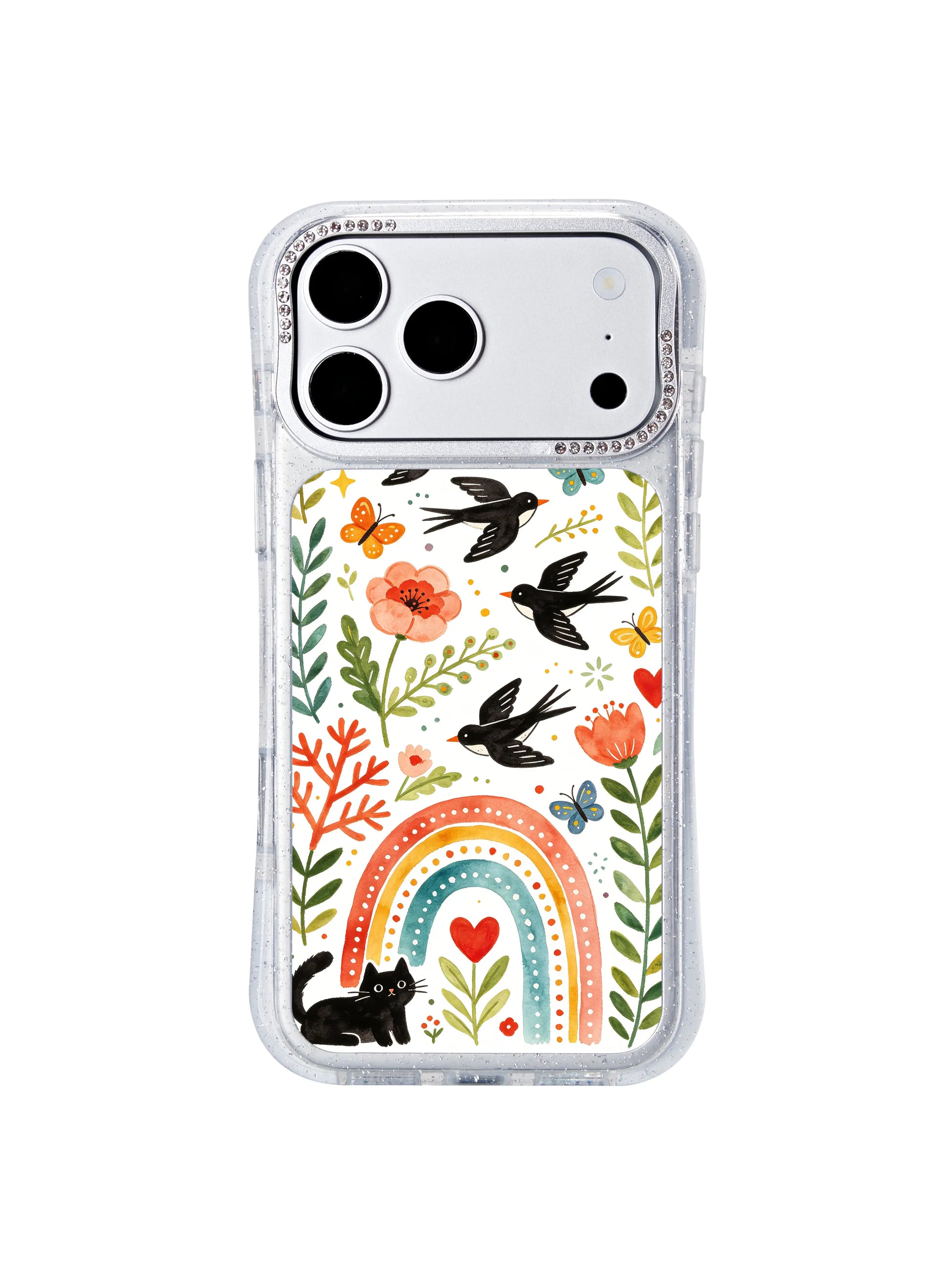 PhoneCasing slim lightweight iphone 17 pro Max case with single cat, soaring swallows and curved rainbow arch motifs, low-profile build that slides easily into purses and crossbody bags.