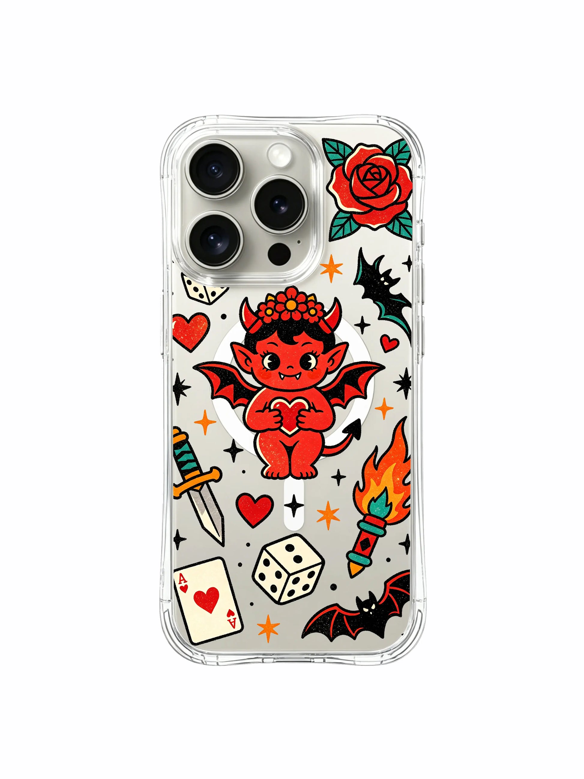 PhoneCasing iPhone 15 pro Case with single top flame and bottom red roses framing heart devil, fade-proof archival printed luxury wearable art casing.