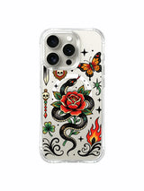 Snake and red rose with flame and stars artwork on an iPhone 15 Pro case