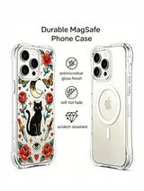 Black cat beneath an eye crescent with lily and dagger artwork on an iPhone 15 Pro case
