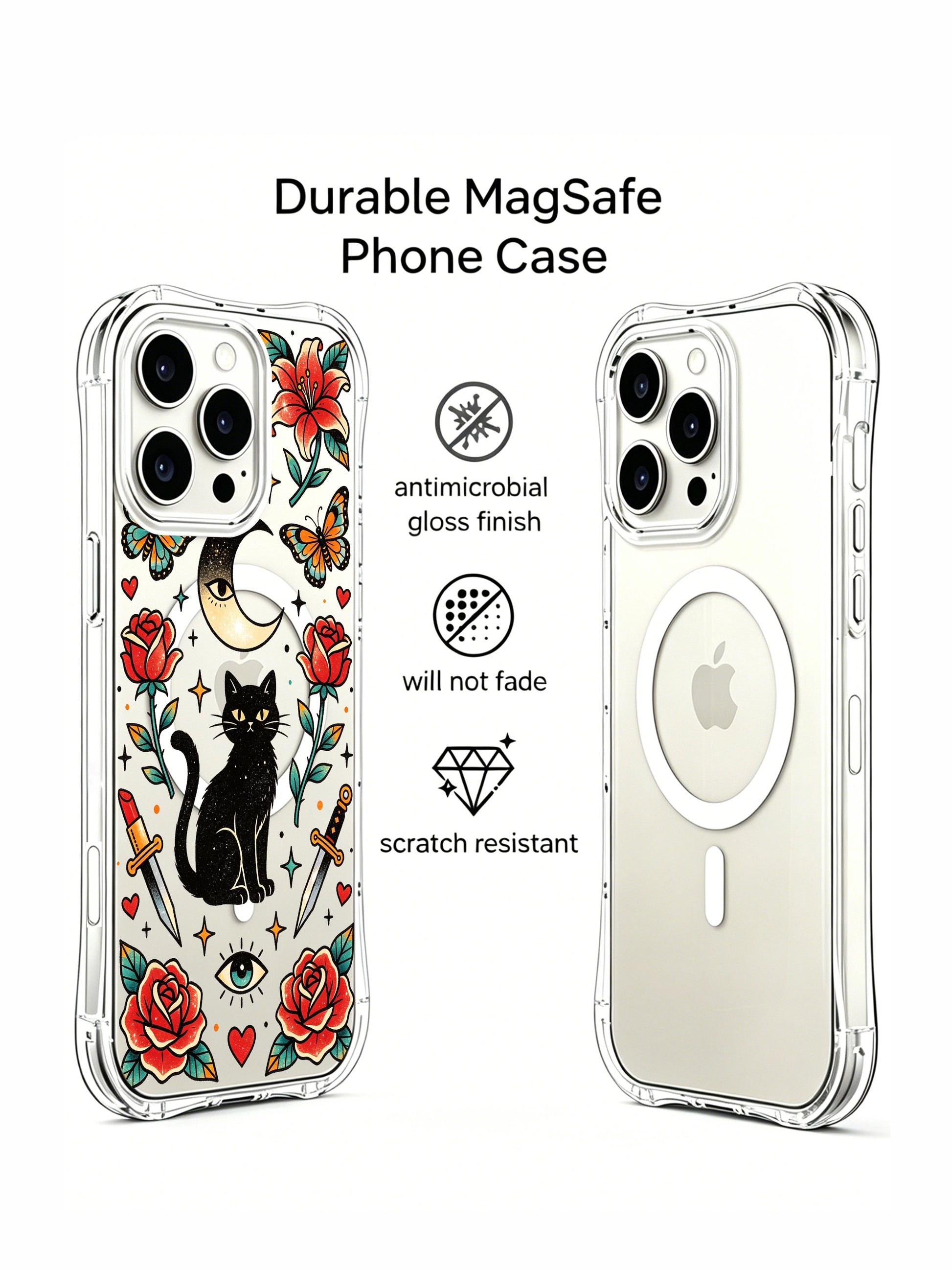 PhoneCasing iPhone 15 pro Case featuring Ruby Blackthorn old school mystic black cat & crescent moon with eye tattoo, single lily bloom, one vintage dagger, heart-shaped lipstick and red roses decor, transparent art iPhone 15 pro casing handmade in California factory.
