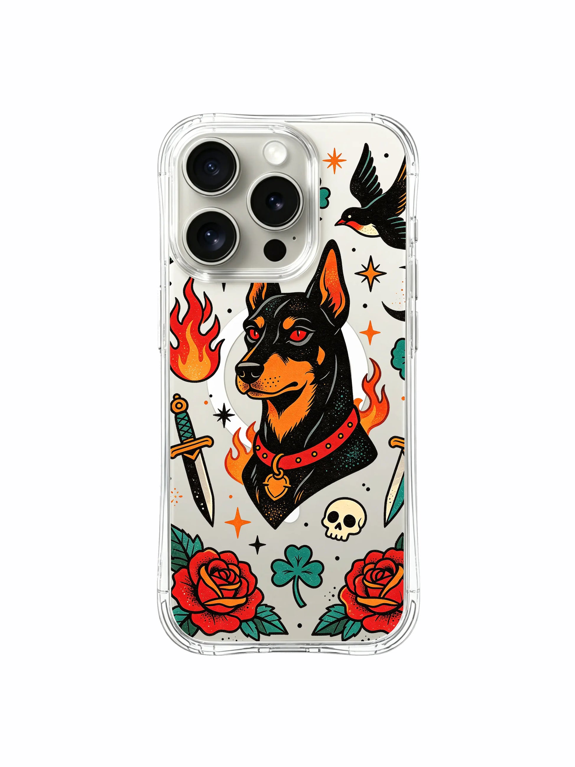 PhoneCasing iPhone 15 pro Case featuring single side dagger vintage tattoo doberman art, limited stock wearable talisman phone casing made in USA for gift giving.