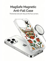 Vintage radio with swallow, lightning and flowers artwork on an iPhone 15 Pro case