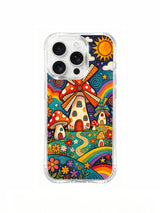 PhoneCasing iPhone 16 pro max Case, limited Luna Moss artist collab clear art case showcasing whimsical mushroom cottage village with single windmill mushroom home, rolling rainbow hills, spiral sun & scattered star accents on warm orange retro sky, classic 70s psychedelic folk doodle artwork crafted in California, durable everyday iPhone 16 pro max casing.