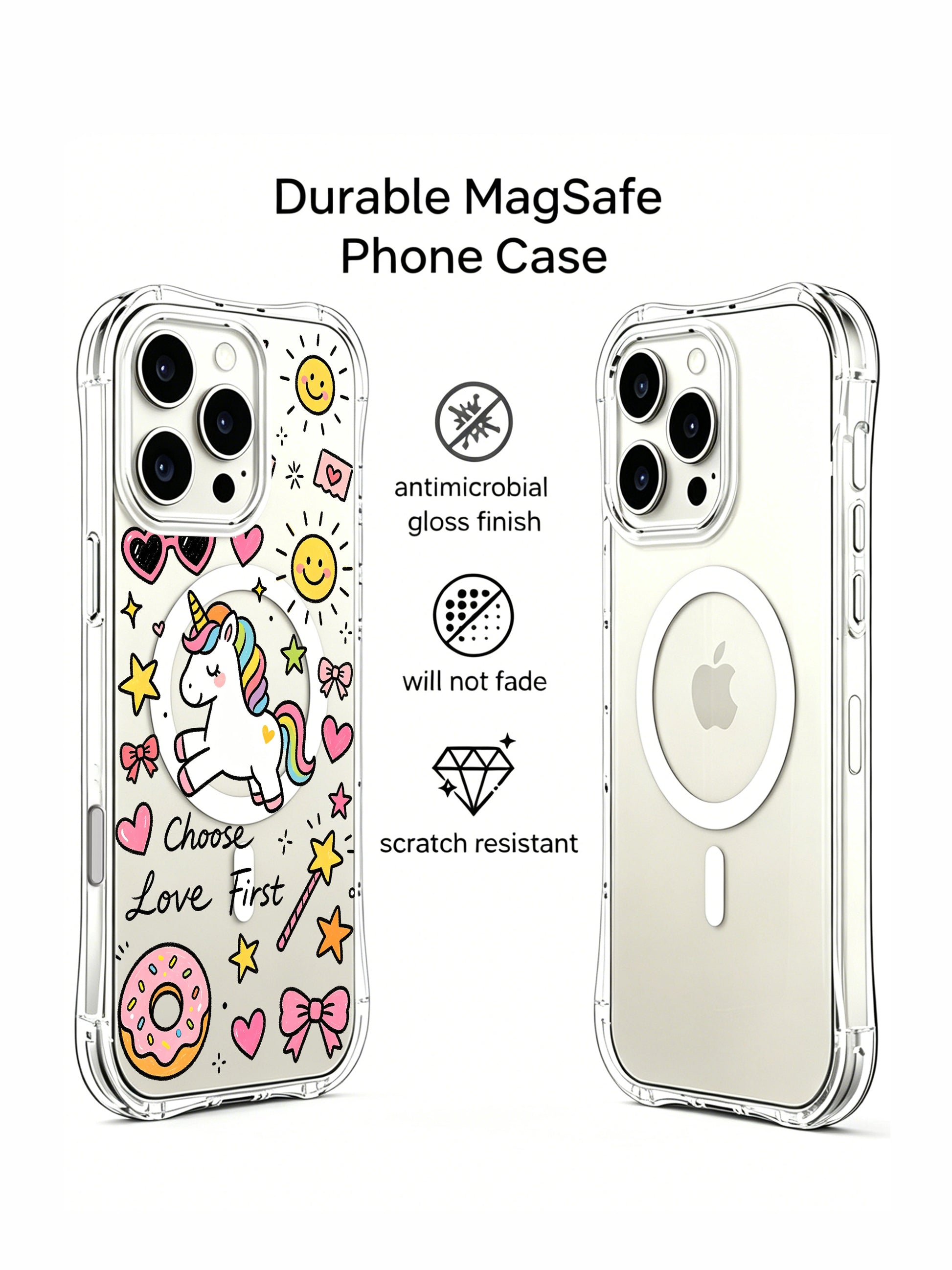 PhoneCasing iPhone 16 pro max scratch-resistant protective case with seated unicorn, pastel bows and candy donut self-love themed art.