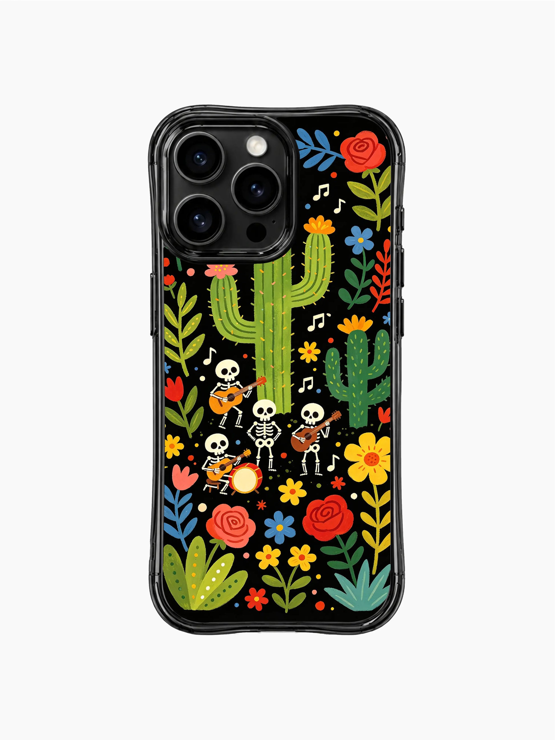 PhoneCasing iPhone 16 pro max Case featuring a skeleton band wearing flower crowns playing instruments in a desert garden, surrounded by colorful music notes and flowers, folk fantasy art on black base, durable anti-drop iPhone 16 pro max casing.