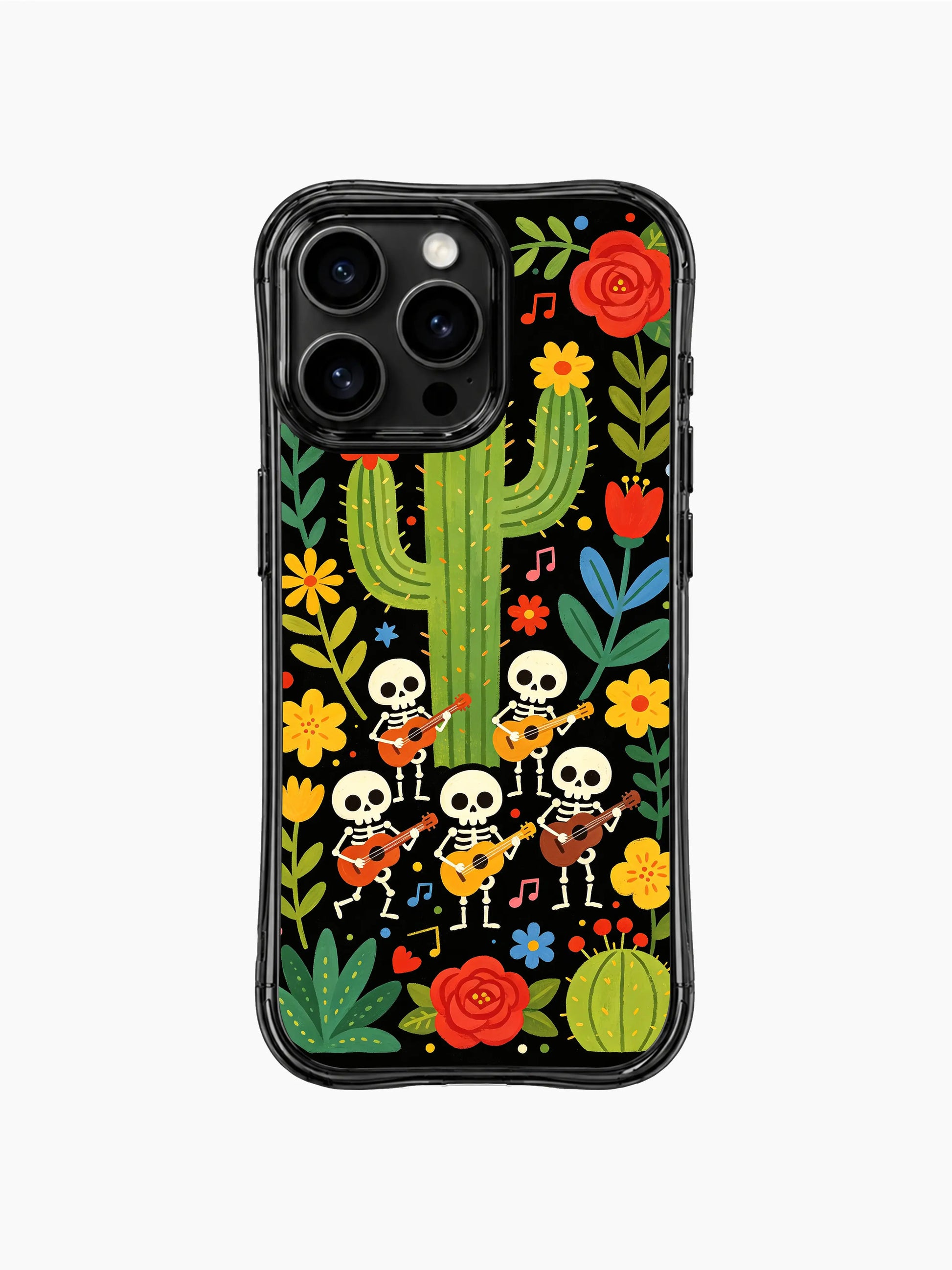 PhoneCasing iPhone 16 pro max Case featuring a skeleton band framed by colorful music notes and desert flowers, surrounded by tall cacti and tropical foliage, folk fantasy art on black base, premium protective iPhone 16 pro max casing.