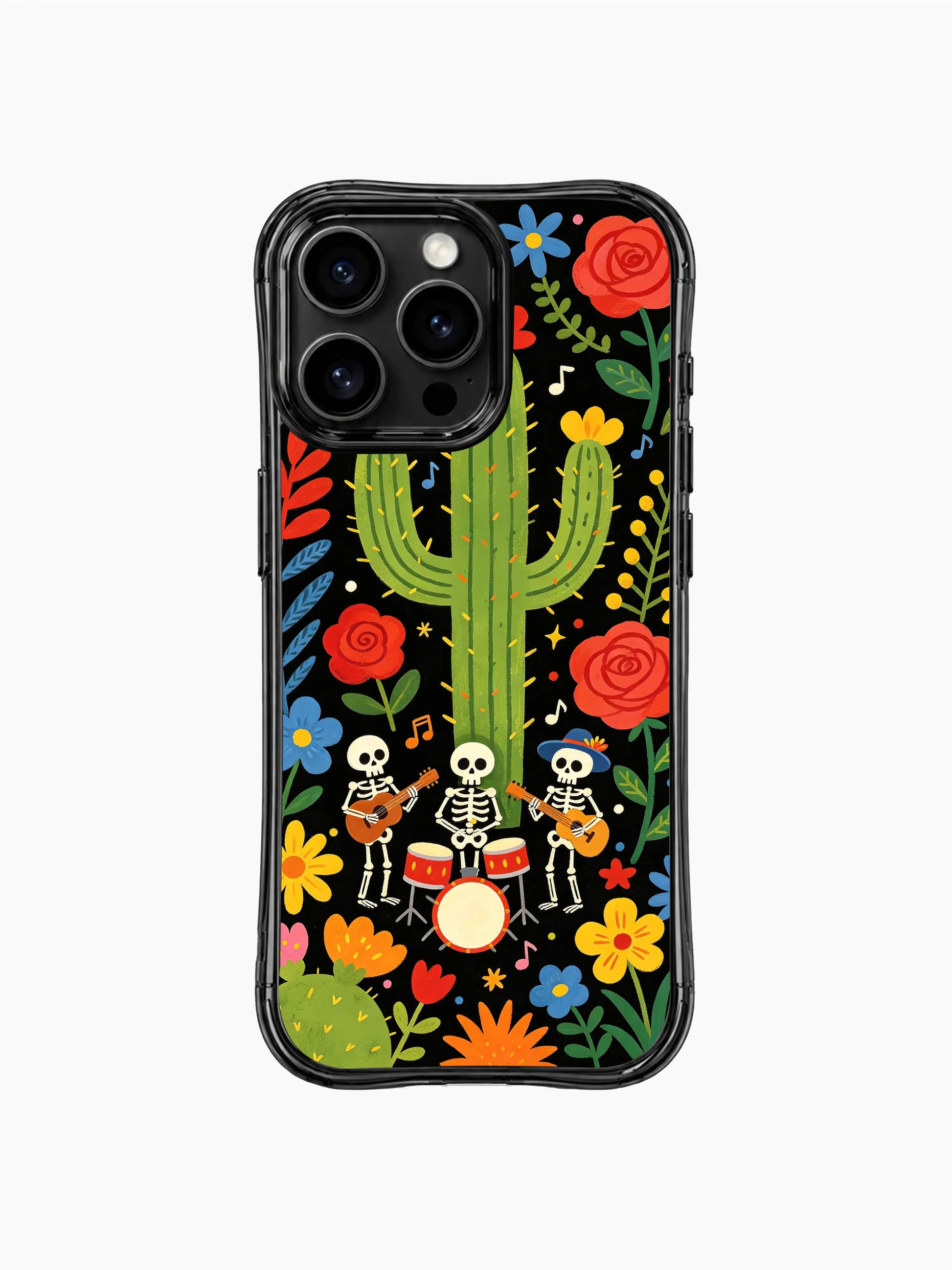 PhoneCasing iPhone 16 pro max Case with a skeleton band playing instruments surrounded by orange and blue desert flowers, tall cacti and tropical leaves around, cheerful folk art print, durable anti-drop iPhone 16 pro max casing.