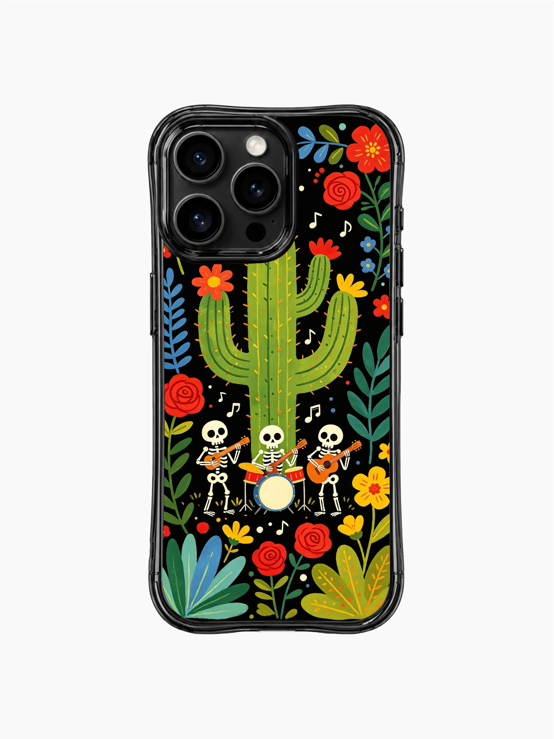 PhoneCasing iPhone 16 pro max Case with a skeleton band playing instruments in front of a tall saguaro cactus, surrounded by vibrant desert flowers and tropical leaves, folk art print by Estrella Nocturna, long-lasting vivid iPhone 16 pro max casing.