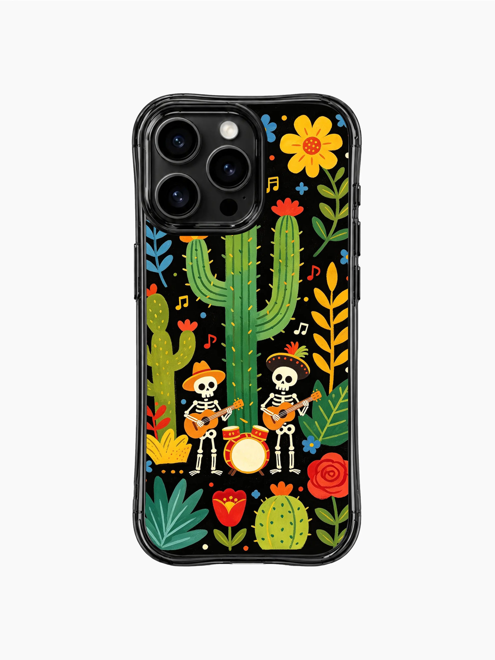 PhoneCasing iPhone 16 pro max Case featuring a skeleton band playing ukulele, guitar and drum in a desert garden, surrounded by blooming cacti and colorful flowers, whimsical folk design on black background, premium protective iPhone 16 pro max casing.