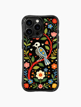 PhoneCasing iPhone 16 pro max Case featuring a skeleton bird facing left, perched on a red floral branch surrounded by vibrant folk flowers, whimsical Day of the Dead design on iPhone 16 pro max casing.