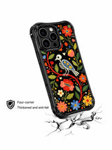 PhoneCasing iPhone 16 pro max Case with a skeleton bird perched on a winding red branch, surrounded by colorful folk flowers and heart accents, representing messages of love and connection, folk art pattern on black iPhone 16 pro max casing.