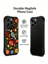 PhoneCasing iPhone 16 pro max Case featuring a skeleton bird in a lush night garden of red, pink and yellow folk flowers, surrounded by heart motifs and green foliage, whimsical folk design for iPhone 16 pro max casing.
