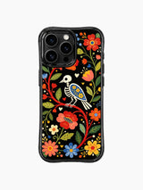 PhoneCasing iPhone 16 pro max Case featuring Estrella Nocturna art: a delicate skeleton bird perched on a vibrant red floral branch, surrounded by colorful folk flowers and hearts, whimsical Day of the Dead design for everyday use on iPhone 16 pro max casing.