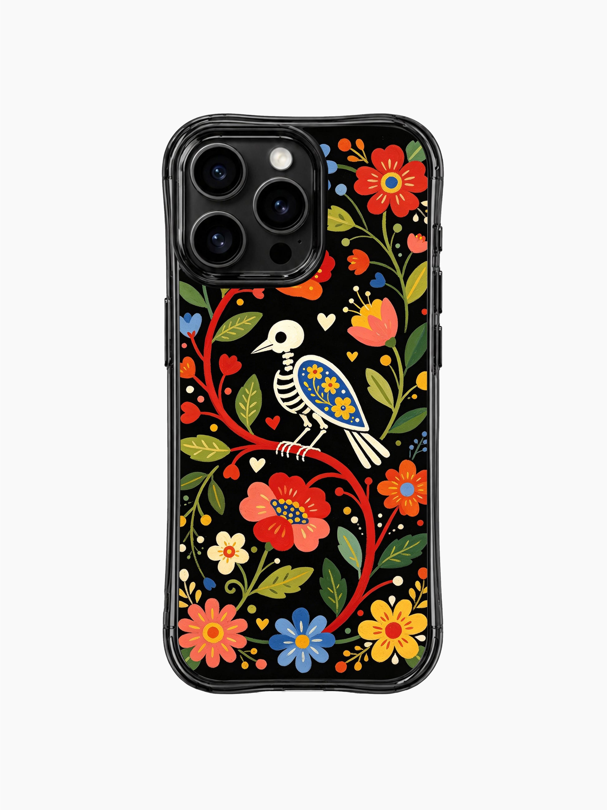 PhoneCasing iPhone 16 pro max Case featuring Estrella Nocturna art: a delicate skeleton bird perched on a vibrant red floral branch, surrounded by colorful folk flowers and hearts, whimsical Day of the Dead design for everyday use on iPhone 16 pro max casing.
